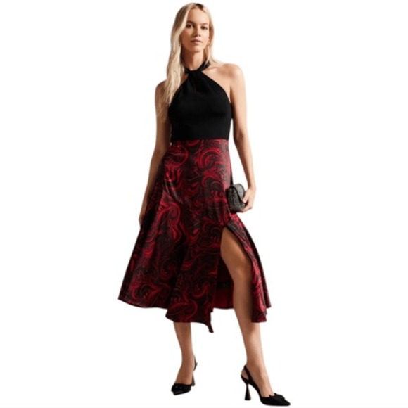 Ted Baker NWT Rosieo Mixed Media Halter Midi Dress Red Black‎ Ted Size 1 / US 2 - Picture 3 of 12